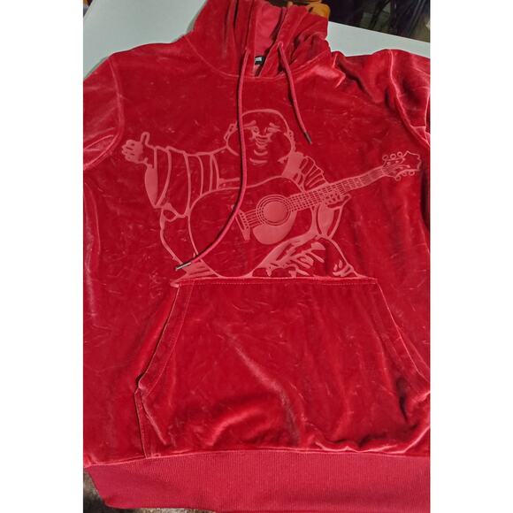 True Religion Mens Red Crushed Velour Budda Hoodie Size M Streetwear Hipster - Picture 9 of 11